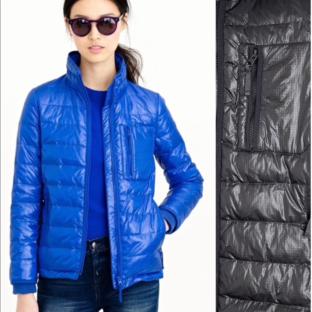 J. Crew Black Shiny Lightweight Down Zip Up Fill Puffer Jacket Coat Size XS
